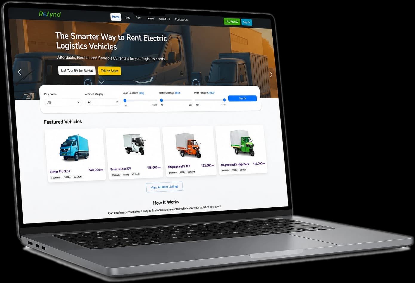 Refynd EV marketplace on a laptop